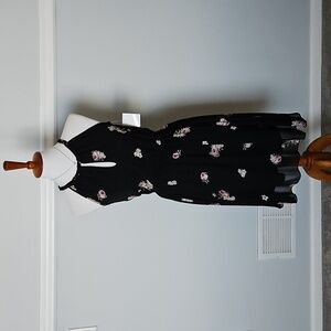 Apricot High Neck Halter Smocked Waist Floral Print Skater Dress XS Black New